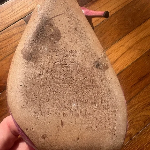 Manolo Blahnik Pink Pony Hair Slingback Heels Size 37 Kitten Heel - Picture 14 of 16